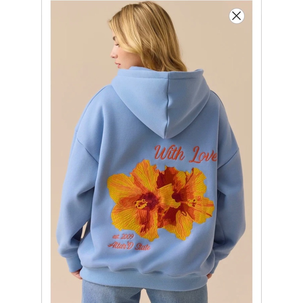Altar'd State Blue Meet Me At Sunset Hibiscus Floral Embroidered Hoodie Size XXS